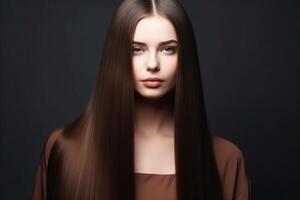 retrato lindo morena menina com grandes Castanho cabelo, estúdio claro. generativo ai foto