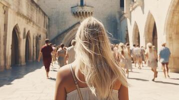 uma jovem Loiras menina caminhando por aí dentro Avignon perto a Palácio do a papas, Visão a partir de a voltar. generativo ai foto