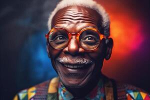 retrato do a idosos pele escura sorridente avô com óculos. a juventude do a alma. generativo ai foto