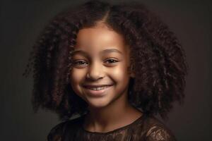 retrato do uma sorridente pele escura menina com longo, encaracolado cabelo. generativo ai foto