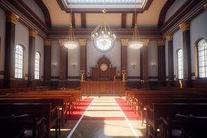 tribunal, uma sala de audiências sem pessoas. generativo ai foto