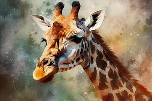 girafa, retrato do a animal olhando em linha reta à frente, aguarela pintura em texturizado papel. digital aguarela pintura. generativo ai foto