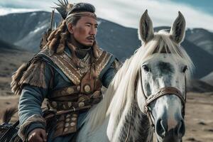 masculino Guerreiro do a mongolóide raça em a cavalo. retro estilo. generativo ai foto