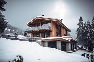 uma montanha luxo hotel, uma esqui hotel contra uma pano de fundo do coberto de neve montanhas. generativo ai foto