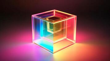 luminoso néon cubo, Preto fundo. generativo ai foto