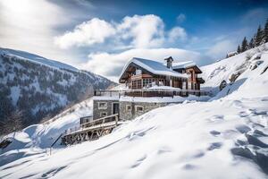 uma montanha luxo hotel, uma esqui hotel contra uma pano de fundo do coberto de neve montanhas. generativo ai foto