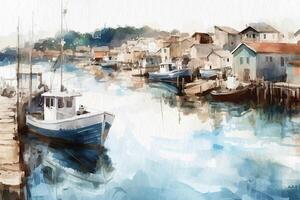 Porto, retro Porto com barcos e cais, marinha pintado com aquarelas em texturizado papel. digital aguarela pintura. generativo ai foto