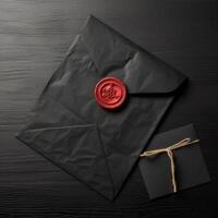 plano deitar velho Preto carta envelopes com vermelho cera foca em mesa topo. generativo ai. foto