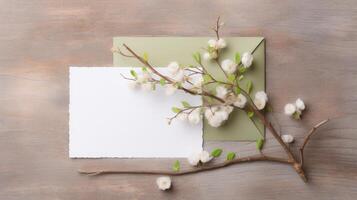 em branco branco papel cartão, envelope brincar e minúsculo flores ou Gypsophila ramo em de madeira mesa principal, generativo ai. foto