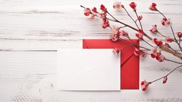 em branco papel cartão, vermelho envelope brincar e cereja Flor ramo em de madeira textura mesa topo. generativo ai. foto