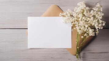 em branco branco papel cartão, envelope brincar e minúsculo flores ou Gypsophila ramo em de madeira mesa principal, generativo ai. foto