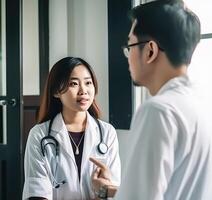 cortada imagem do ásia masculino e fêmea médico falando cada de outros dentro hospital corredor, generativo ai. foto