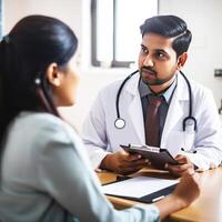 cortada imagem do masculino e fêmea médicos sentado às local de trabalho dentro hospital, generativo ai. foto