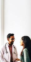 cortada imagem do masculino médico falando com fêmea paciente ou colega de trabalho dentro hospital, vertical bandeira Projeto. generativo ai. foto