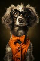 retrato do adorável spaniel cachorro vestindo óculos e laranja arco gravata, generativo ai. foto