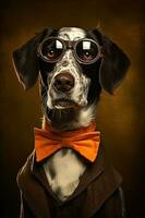 retrato do adorável cachorro vestindo óculos e laranja arco gravata dentro formal terno, generativo ai. foto