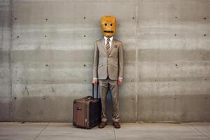 retrato do homem de negocios cobertura dele face a partir de triste mascarar dentro em pé pose ao lado mala de viagem em ao ar livre área. generativo ai. foto