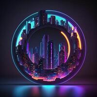 futurista do néon brilhando dentro circular forma, paisagem urbana. cyberpunk dentro edifícios Visão com digital Projeto. generativo ai. foto