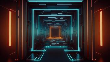 abstrato futurista tecnológica pano de fundo com rede, enorme dados, servidor, Internet, e Rapidez linhas. através uma túnel do moderno tecnologia, abstrato néon luzes. generativo ai foto