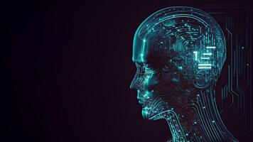 artificial inteligência dentro humanóide cabeça com neural rede, digital cérebro Aprendendo em processamento grande dados. face do cyber mente. generativo ai tecnologia. foto
