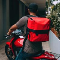 costas Visão do fictício Comida Entrega homem equitação em bicicleta com térmico bolsa, expressar Entrega serviço a partir de cafeteria e restaurante. generativo ai. foto