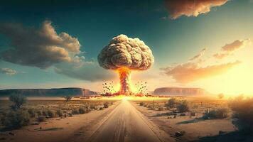 destruído mundo, nuclear explosão com fogo queimando, ai-generativo digital arte. foto