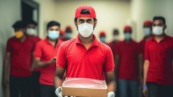 grupo do indiano Entrega Rapazes vestindo vermelho camiseta com médico mascarar às corredor, trabalhos para correio serviço. generativo ai. foto