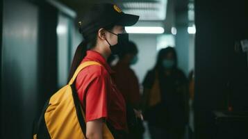 lado Visão fechar-se do Entrega menina vestindo térmico mochila dentro uniforme e médico mascarar, trabalhos para correio serviço. generativo ai. foto