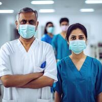 retrato do meio envelhecido masculino e fêmea médico vestindo máscaras enquanto em pé juntos dentro corredor do hospital, generativo ai. foto