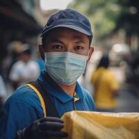 africano Entrega homem vestindo médico mascarar e uniforme, segurando parcela ou correio para levar ausente. generativo ai. foto