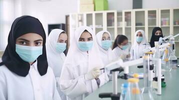 retrato do muçulmano e de outros religião fêmea cientistas pesquisando e Aprendendo dentro uma laboratório, generativo ai. foto