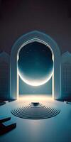 surpreendente arquitetura Projeto do mesquita porta e gigante lua planeta, Ramadã Mubarak conceito, generativo ai. brilhante luzes. foto