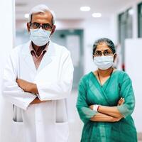 masculino e fêmea Senior médico retrato vestindo face máscaras enquanto em pé juntos dentro a hospital, generativo ai. foto