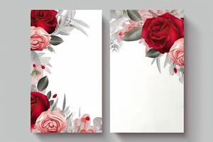 flores rosas desenho, decorado papel fundo, vertical faixas coleção para convite, Primavera e Casamento cartão, cópia de espaço às Centro. generativo ai foto