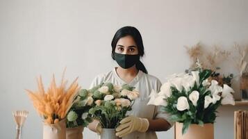 retrato do atraente indiano fêmea florista vestindo mascarar e segurando lindo ramalhete dentro dela comprar, generativo ai. foto