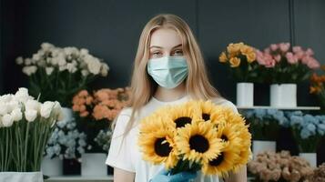 retrato do russo florista Adolescência menina vestindo mascarar e segurando girassol ramalhete dentro dela comprar, generativo ai. foto