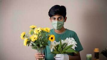fechar-se retrato do indiano florista Adolescência Garoto vestindo mascarar e segurando flores, generativo ai. foto