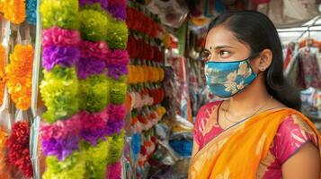 lado Veja do indiano mulher vestindo mascarar durante compras a partir de flor comprar, generativo ai. foto