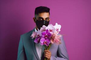 retrato do indiano homem dentro formal terno com mascarar e segurando lindo ramalhete, generativo ai. foto