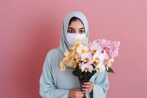 retrato do árabe adolescente menina vestindo mascarar e segurando lindo ramalhete, generativo ai. foto