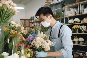 lado Veja retrato do ásia masculino florista vestindo mascarar enquanto trabalhando dentro dele comprar, generativo ai. foto