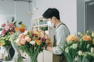 lado Veja retrato do ásia masculino florista vestindo mascarar enquanto trabalhando dentro dele comprar, generativo ai. foto