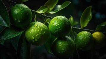 uma cativante fotografia este realçar único fundo do fresco limas em ramo com água gotas, criada de generativo ai tecnologia. foto