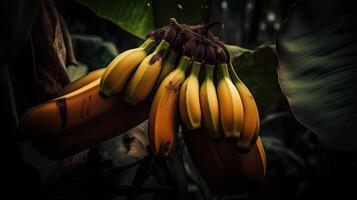 fechar tiro do banana árvore com maduro frutas. criada de generativo ai tecnologia. foto