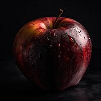 impressionante fotografia do delicioso vermelho maçã com água gotas em Sombrio fundo, generativo ai. foto
