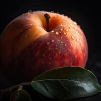 impressionante fotografia do delicioso vermelho maçã com gotícula água em Sombrio fundo. generativo ai. foto