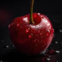 impressionante fotografia do delicioso vermelho cereja com água gotas em Sombrio fundo, generativo ai. foto