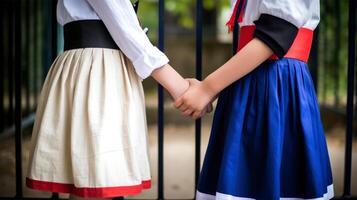 amigáveis ou casual aperto de mão entre França mulheres dentro seus tradicional trajes. generativo ai. foto