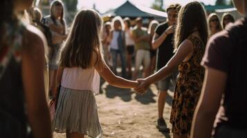 traseiro Visão do jovem meninas segurando mãos dentro casual vestir em borrão de praia fundo. generativo ai ilustração. foto