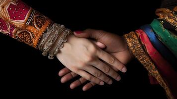 amigáveis ou casual aperto de mão entre multicultural ásia mulheres dentro seus tradicional trajes. generativo ai. foto